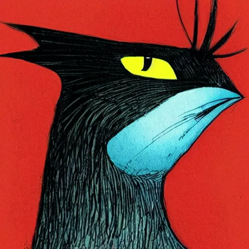 Prompt: A bird with a cat head drawn by Jae Lee