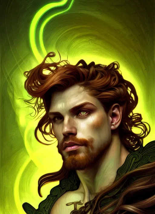 Prompt: portrait of demigod hercules, wavy auburn hair, wild board hide, glowing eyes, volumetric lights, green yellow scheme, art nouveau botanicals, gothic, intricate, highly detailed, digital painting, artstation, concept art, smooth, sharp focus, symmetric face, illustration, steampunk, art by artgerm and greg rutkowski and alphonse mucha