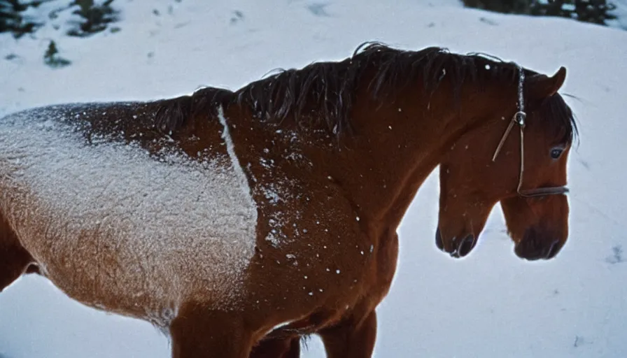 Image similar to 1 9 6 0 s movie still close up of marcus aurelius frozen to death under the snow, a horse frozen under the snow by the side of a river with gravel, pine forests, cinestill 8 0 0 t 3 5 mm, high quality, heavy grain, high detail, texture, dramatic light, anamorphic, hyperrealistic, detailed hair, foggy