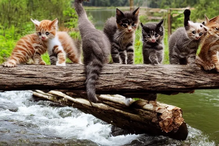 Image similar to kittens walking on a log bridge crossing a river