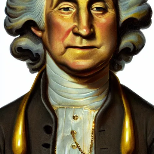 Image similar to a closeup photorealistic illustration of a happy George Washington holding wearing a chain around his neck with a small gold Doubloon coin as a necklace. This 4K HD image is Trending on Artstation, featured on Behance, well-rendered, extra crisp, features intricate detail and the style of Unreal Engine.