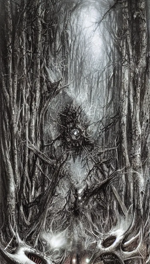 Image similar to a storm vortex made of many demonic eyes and teeth over a forest, by luis royo,