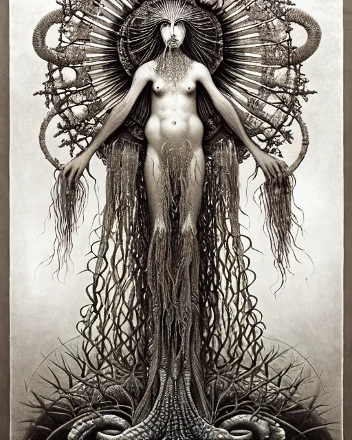 Image similar to realistic detailed underwater portrait of the beutiful young goddess of the fish of the three times with an intricate headdress of corals, sea kelp, sea plants, fish, jellyfish, art by ernst haeckel, zdzisław beksinski, h. r. giger, hieronymus bosch, gothic, neo - gothic, ornamental,