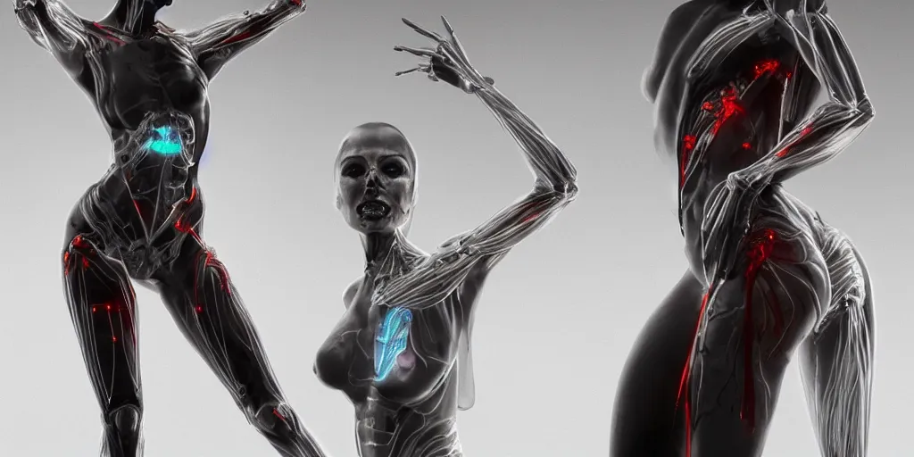 Image similar to female cyborg posing sensual figure x - ray, skeletal, glowing veins under translucent skin, highly detailed skin, bioluminescent, plasma, greg rutkowski, 8 k trending on artstation