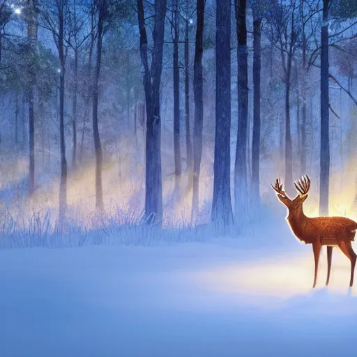 Image similar to deer on fire in a frozen forest, sparkles and sun rays, hyperrealistic, photo realistic, realistic, beautiful white lighting, in the middle of the day