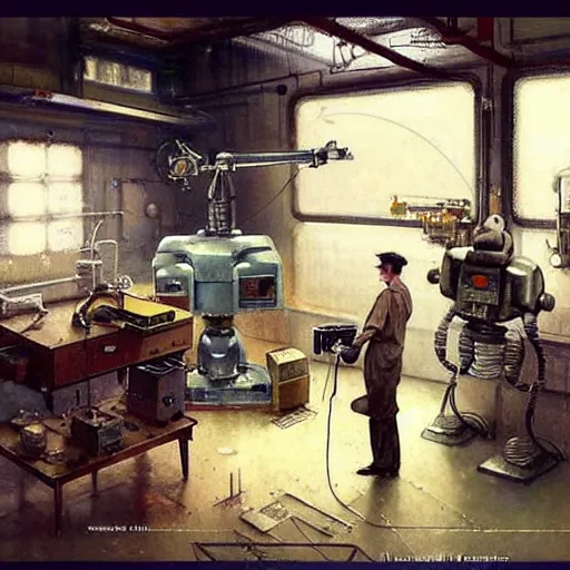 Image similar to ( ( ( ( ( 1 9 5 0 s retro boy inventors science fiction cluttered robot mechanics shop interior scene. muted colors. ) ) ) ) ) by jean - baptiste monge!!!!!!!!!!!!!!!!!!!!!!!!!!!!!!