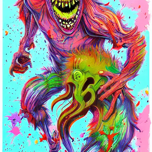 Prompt: colorful illustration of monster, splatters, by zac retz and junji ito