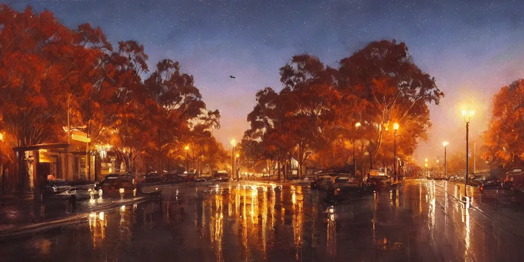 Image similar to A beautiful painting of Australian city autumn night, hyperrealistic, artstation, detailed, cinematic lighting, concept art, photorealistic