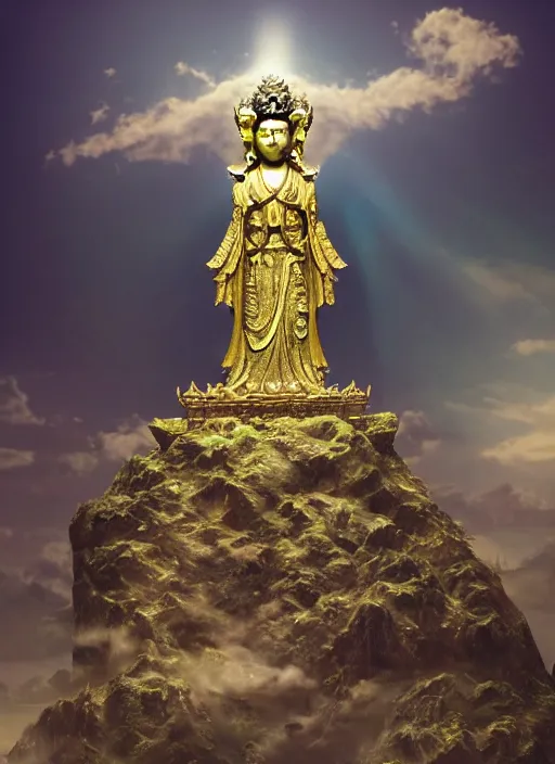 Image similar to guanyin stand on big loutus, a godness of the southern seas, a realistic setting with muted colors, visual novel cover, by yoshitaka amano, zeng fanzhi, jane hamilton, tiffany studios, sunrays shine uponit, frostbite 3 engine, cryengine, dof, trending on artstation, digital art, fantasy detailed background