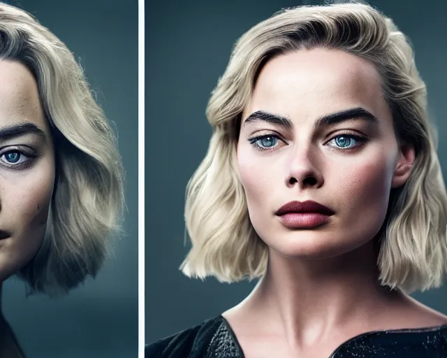 Image similar to a beautiful mix of margot robbie and emilia clark, hyper realistic face, beautiful eyes, cinematic, long shot, hyper detailed, 8 5 mm photograph, 8 k resolution, film still, sharp lens, wide lens