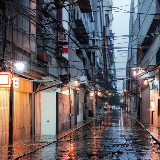 Prompt: rain - soaked alley with messy overhead cables in tokyo
