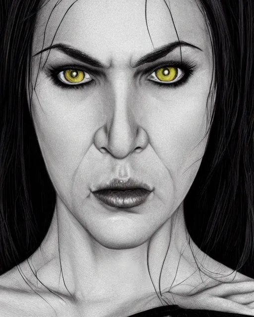 Image similar to portrait of a tall 4 0 - year - old woman, very!!! thin!!! lips, long, lush unkempt black hair, and thick eyebrows, wearing in black clothes, hyper realistic face, beautiful eyes, character art, art by mark brooks, hyperdetailed, cryengine, trending on artstation, digital art