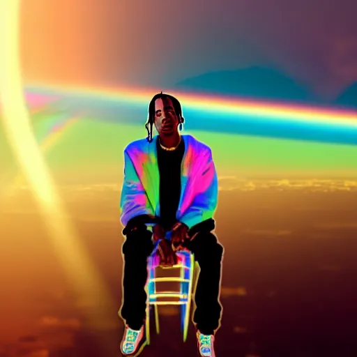 Prompt: Travis Scott sitting on a chair floating over Earth, 4k, Aubrey Powell, vintage photo, lens flare, beautiful cinematography, rainbow surreal, film grain