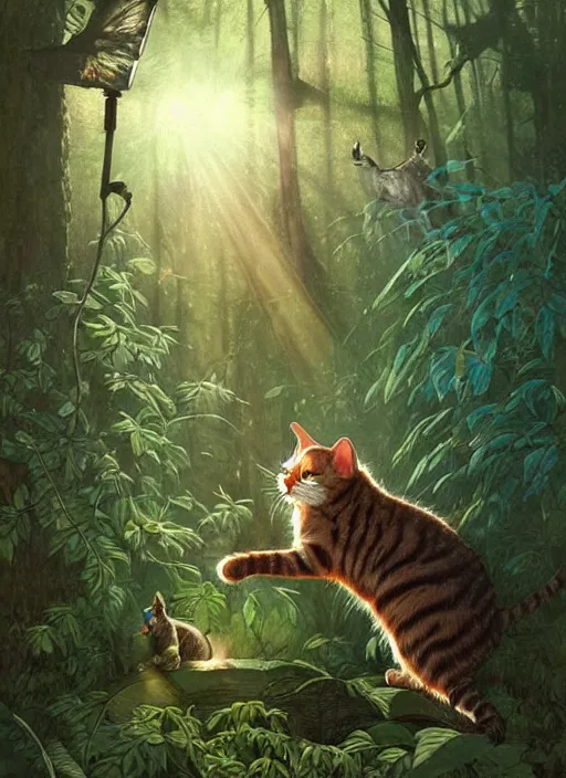 Image similar to a hyper realistic illustrated cat with happy lighting playing in the woods gorgeous lighting, sunbeams blue sky, lush forest foliage painting by chiara bautista and beksinski and norman rockwell and greg rutkowski weta studio, and lucasfilm