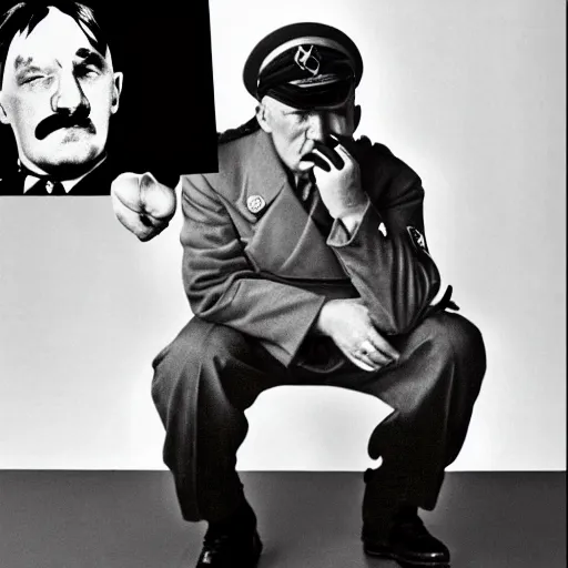 Image similar to photo of adolf hitler pointing a gun to his head while crying in the style of martin schoeller