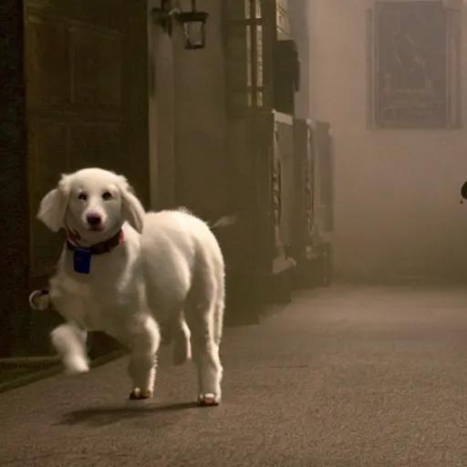 Prompt: movie still of robot white swiss shepperd dog, cinematic composition, cinematic light, criterion collection, by edgar wright