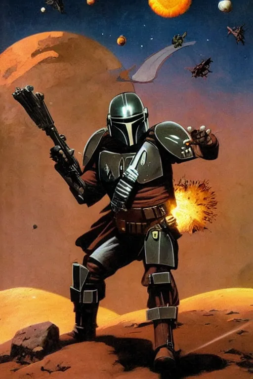 Prompt: cinematic mandalorian by frazetta on a background with destroyed planets , fire and atomic bomb explosion, backlight