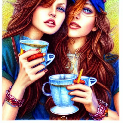 Image similar to French sisters in a café posing for the camera. insanely and epically detailed supreme-quality color pencil artwork, amazingly composed image, epic pencil illustration by Artgerm and Stanley Law.