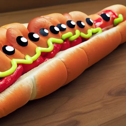 Image similar to a caterpillar shaped hotdog