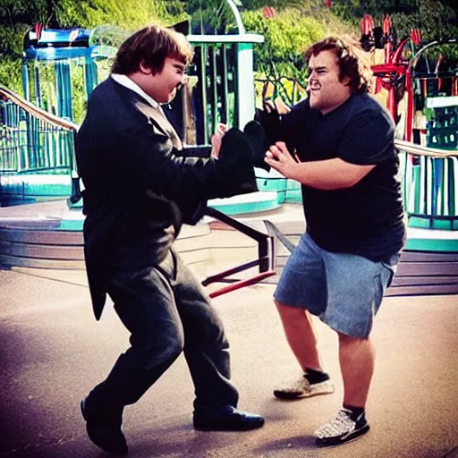 Image similar to “ jack black fistfighting jonah hill at six flags ”