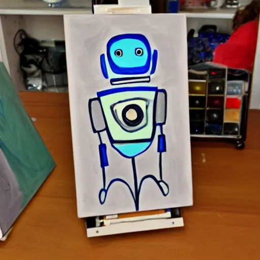 Prompt: A robot with paint at an easel painting but its batteries wore out