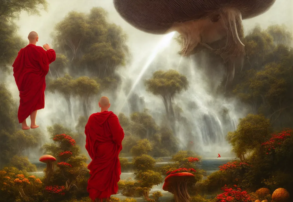 Image similar to floating lands in-clouds, foggy, volumetric fog, flying whales, sun beams, blooming, bird flocks!!, giant mushrooms, waterfalls, monks in red robes; by Tom Bagshaw, Ivan Shishkin, Hans Thoma, Asher Brown Durand