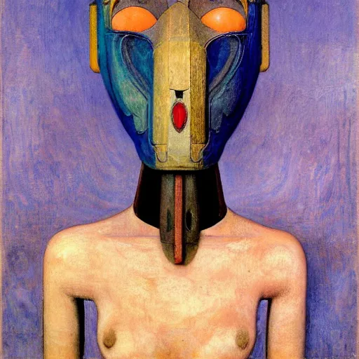 Prompt: the robot girl wearing her bird mask, by annie swynnerton and diego rivera and elihu vedder and lucien freud, symbolist, dramatic lighting, elaborate geometric ornament, head and shoulders view, art brut, soft cool colors, smooth, sharp focus, extremely detailed, adolf wolfli, leo and diane dillon, nicholas roerich