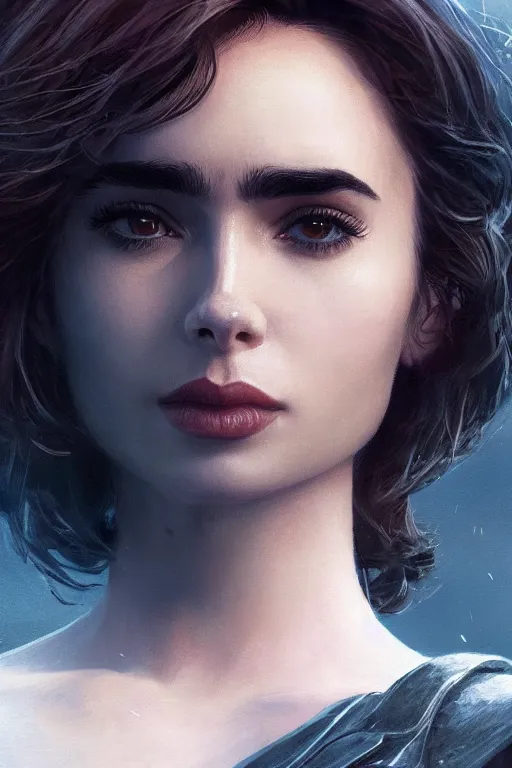 Image similar to a fancy close up of Man of Steel cast as Lily Collins by Greg Rutkowski, Sung Choi, Mitchell Mohrhauser, Maciej Kuciara, Johnson Ting, Maxim Verehin, Peter Konig, 8k photorealistic, cinematic lighting, HD, high details, dramatic, trending on artstation, full body shot