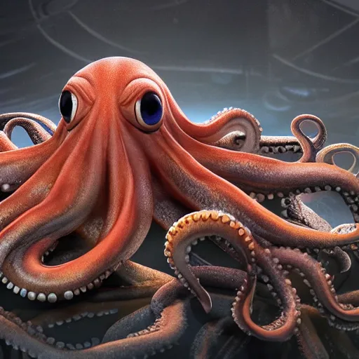 Image similar to portrait of octopus sly cunning, pixar style animation 3d extremely gloomy lighting, atmospheric, cinematic, detailed illustration unreal Engine, 8K