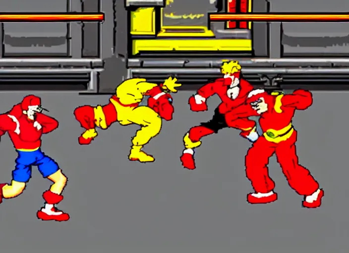 Image similar to screenshot of ronald mcdonald, white face, red afro, red nose and yellow outfit as an enemy in streets of rage video game, sega genesis video game