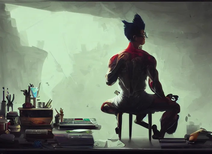 Image similar to an insanely detailed painting of an asian man wearing a homemade superhero costume, sitting at a desk, staring seriously at the computer and typing, in the style of peter mohrbacher, james jean, dramatic lighting and composition, surreal background, octane render, pixar, trending on artstation, concept art, comic book, view from behind, 8 k