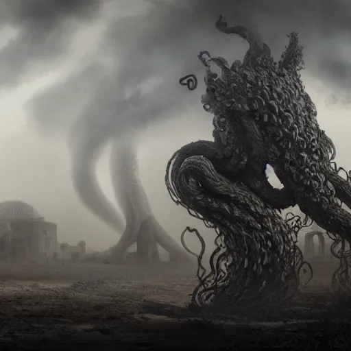 Image similar to Giant smoke monster coming out of the ground, thick swirling smoke, Nyarlathotep, Tentacles, mist, dramatic lighting, Byzantine ruins, desert, cinematic, trending on artstation