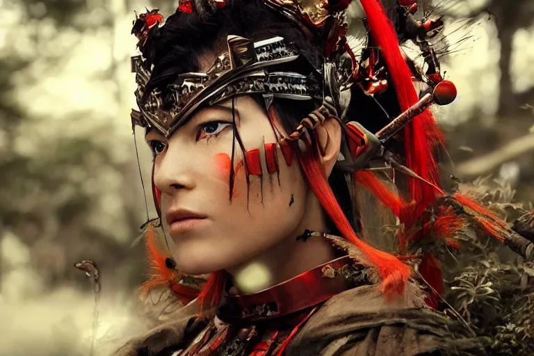 Image similar to vfx movie scene closeup nomad cyborg warrior viking geisha in a smoldering forest. by emmanuel lubezki