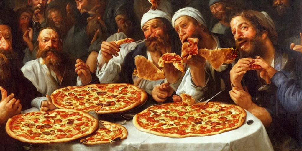 Prompt: a realist portrait of men eating pizza and chicken nuggets at a grand feast, looking at the viewer, intense, by andrey shishkin, oil on canvas