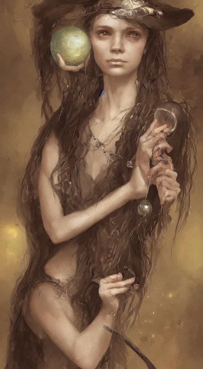 Image similar to portrait of a young witch with a crystal ball, true anatomy, detailed face, highly detailed, by greg rutkowski