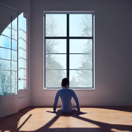 Prompt: person in pyjamas standing near window, sun rays, daylight, big french door window, big spatious room, 2 4 mm, wooden floor, modern, pastel palette, winter sun, photorealistic, high ceiling, watercolor painting