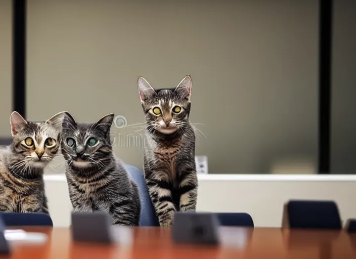 Image similar to photo of cats attending a management board meeting. Highly detailed 8k. Intricate. Sony a7r iv 55mm. Stock photo.