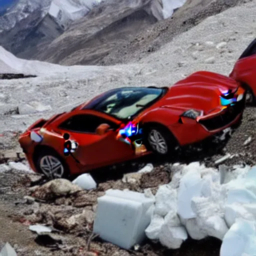 Image similar to crashed ferrari, 3 model lines on top of mount everest