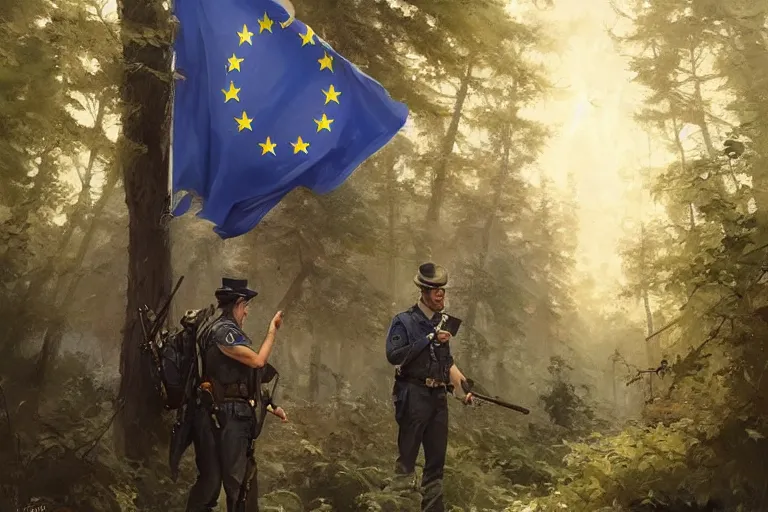 Image similar to border guards surprised to discover eu flag behind the trees, realistic painting, symmetrical, highly detailed, digital painting, artstation, concept art, smooth, sharp focus, illustration, cinematic lighting, art by artgerm and greg rutkowski and alphonse mucha