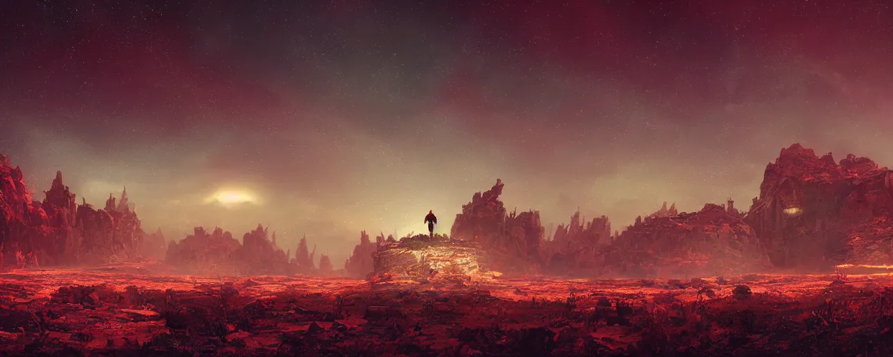 Image similar to ” otherwordly barren landscape at night, [ cinematic, detailed, epic, widescreen, opening, establishing, mattepainting, photorealistic, realistic textures, octane render, art by slop and paul lehr ] ”