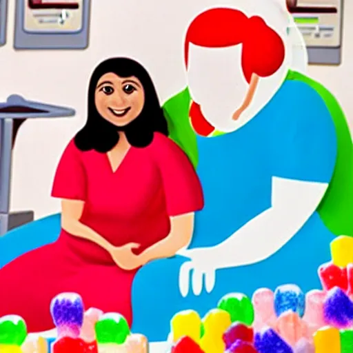 Image similar to photo of a happy patient and doctor or nurse in a hospital room made out of soft candy, candy hospital equipment, candy hospital room, candy treatments, oompa loompa virus, willy wonka pandemic