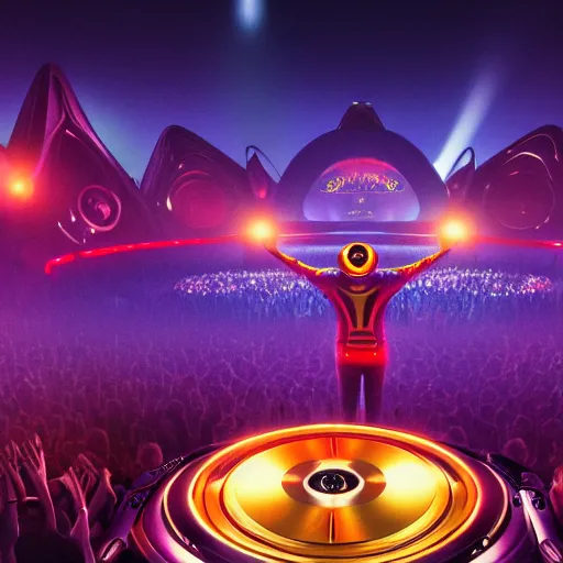 Prompt: Tomorrowland with alien dj, concept art, 4k Colourful