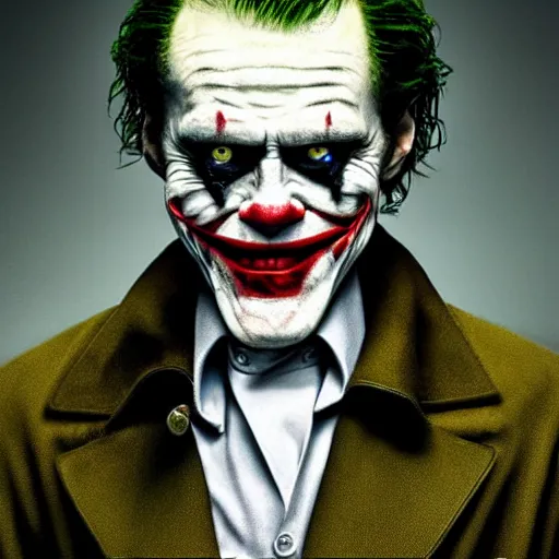 Image similar to willem dafoe as the joker, movie poster, superrealism, quality, post - production, image depth, focus, fine details, skin pores, makeup, 8 k