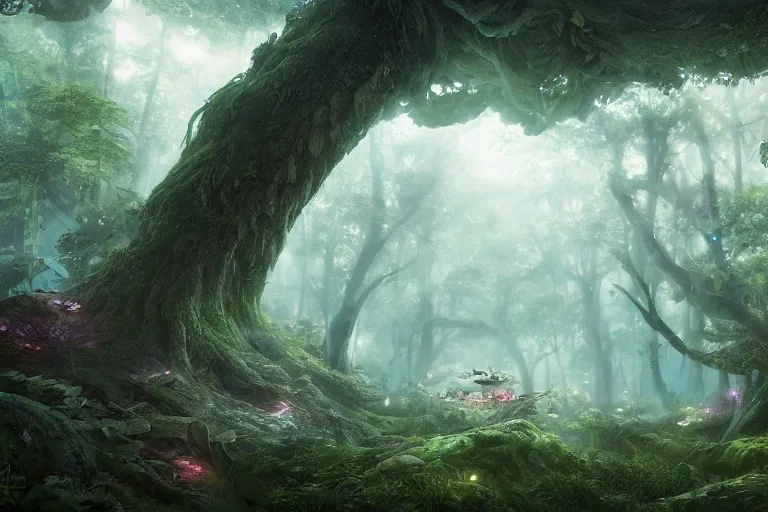 Image similar to fairy kingdom forest, miyazaki, nausicaa, ambient lighting, concept art, intricate, hyper detailed, smooth, dynamic volumetric lighting, octane, cinematic, high quality, high resolution, 4 k, cgsociety, rutkowski, gurney