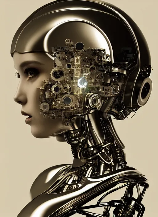 Image similar to a beautiful young female futuristic robot profile face photo, daguerrotype, closeup - view, f / 2. 8, low contrast, 1 6 k, beautiful lighting, reflective, insanely detailed and intricate, hypermaximalist, elegant, ornate, hyper realistic, super detailed, surreal dreamy poetic