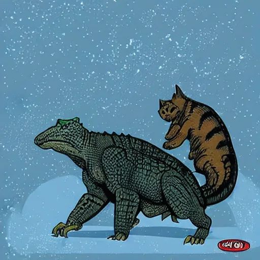 Image similar to “ johnny romita jr ” crocodile bat vs tabby cat snow storm landscape