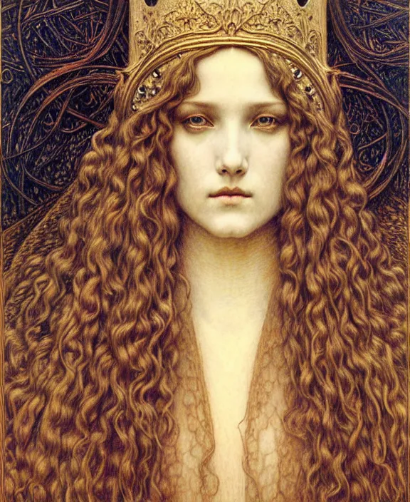 Image similar to detailed realistic beautiful young medieval queen face portrait by jean delville, gustave dore and marco mazzoni, art nouveau, symbolist, visionary, gothic, pre - raphaelite. horizontal symmetry