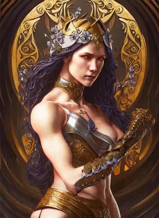 Image similar to Muscular and powerful medieval knight portrait, art nouveau, fantasy, intricate flower designs, elegant, highly detailed, sharp focus, art by Artgerm and Greg Rutkowski