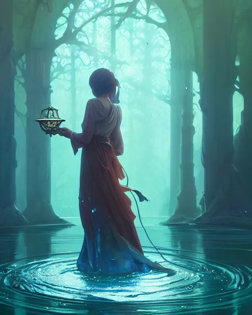 Image similar to highly detailed vfx portrait a mage casting a water spell, stephen bliss, unreal engine, greg rutkowski, loish, rhads, beeple, makoto shinkai and lois van baarle, ilya kuvshinov, rossdraws, tom bagshaw, alphonse mucha, global illumination, detailed and intricate environment