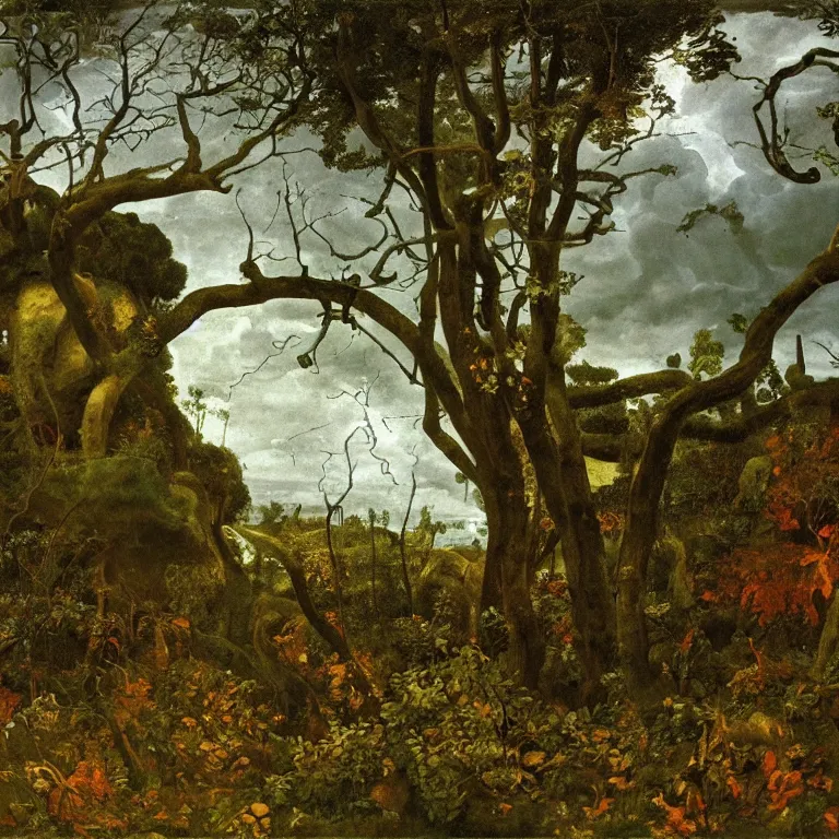 Prompt: Apocalypse with vegetation, leaves, creepers, ivy, ferns taking over the industrial, toxic, machinery, cities. Thunderstorm, autumn light. Painting by Caspar David Friedrich, Pontormo